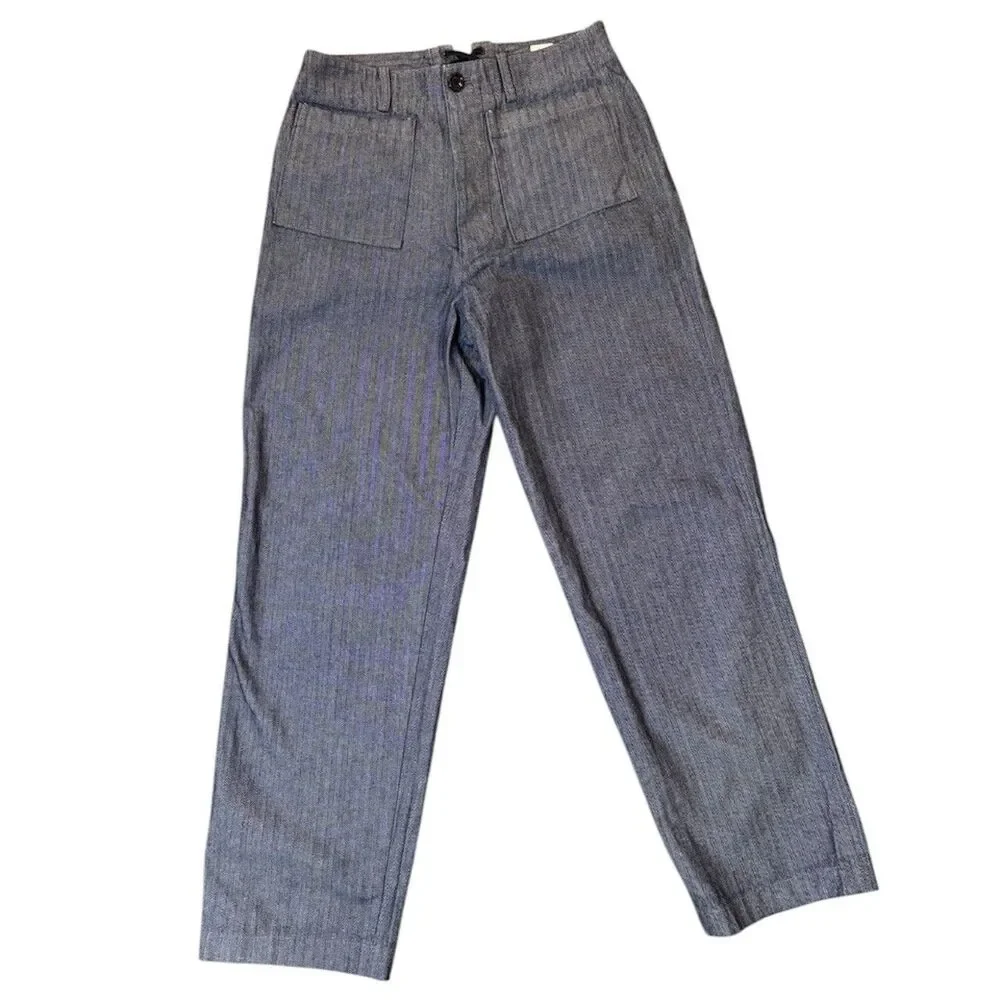 Jipijapa Japan Pants Size 2 Blue Herringbone Button High Rise Lace Up Back - Picture 1 of 8
